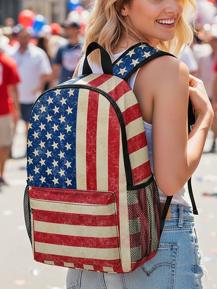 Unisex-Rucksack aus Polyester mit Print, Vintage-Design mit amerikanischer Flagge, großes Fassungsvermögen, strapazierfähig, ideal für den 250. Jahrestag, den Unabhängigkeitstag, Reisen und Outdoor-Aktivitäten. 2026 - $24.99 –P4