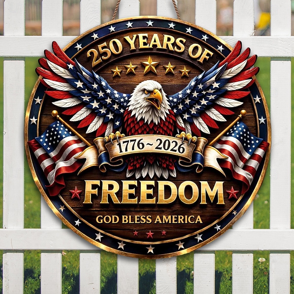 U.S. 250th Anniversary Wood Sign Patriotic Door Hanger, God Bless America Independence Day Decor with Eagle, Liberty Bell & Statue of Liberty, 1776–2026 4th of July Front Door Decoration 2026 - $25.99 –P5