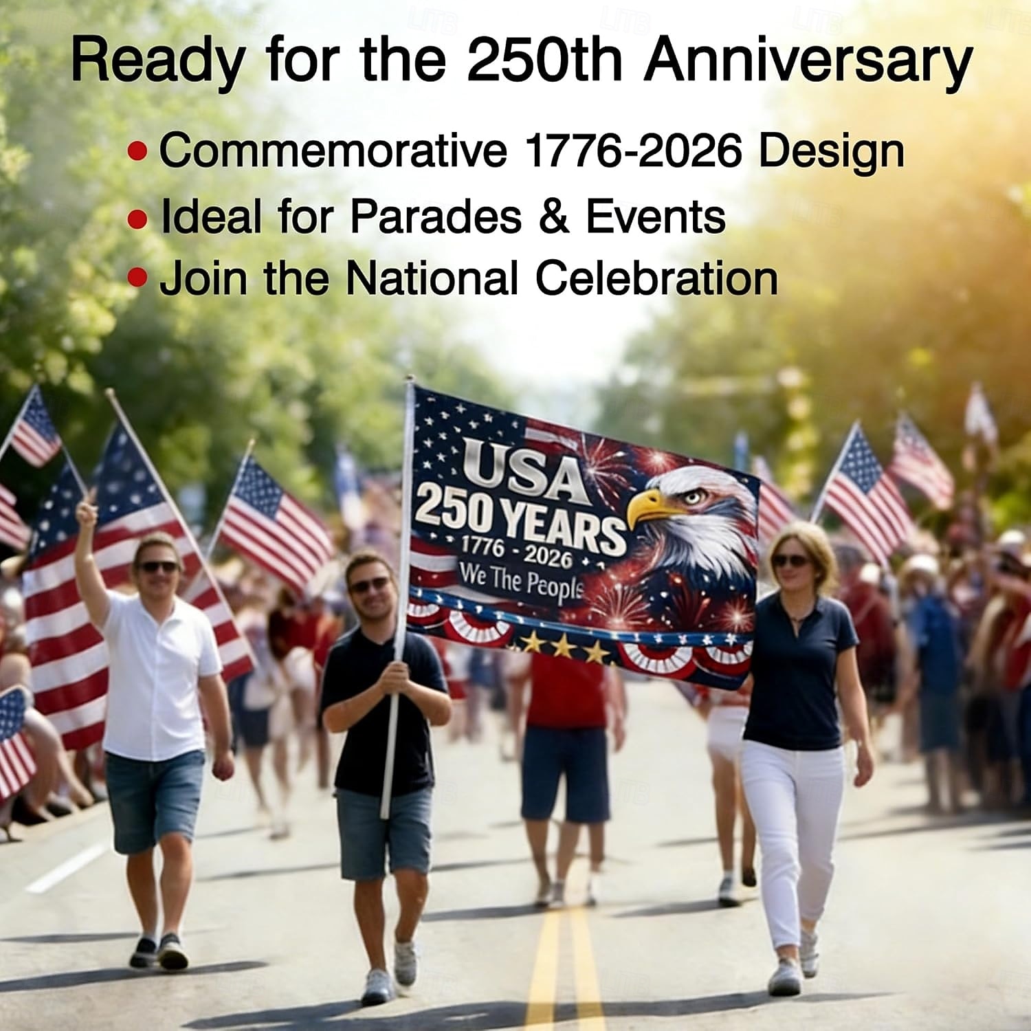 Drapeau commémoratif du 250e anniversaire des États-Unis orné d'un aigle à tête blanche, de feux d'artifice et de la devise « Nous, le peuple » : décoration extérieure patriotique idéale pour les célébrations. de 2026 ? $17.99 –P4