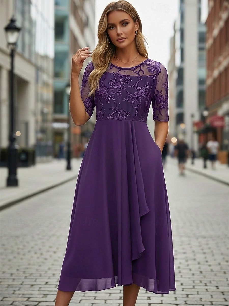 Dam Midiklänning Chiffongklänningar Spetsklänning Cocktail klänning Bröllopsgästklänning Elegant Formell Fest Bröllop Normal Halvlång ärm Rund hals Rodnande Rosa Guld Grön Mörkblå Sommar 2026 - $43.99 –P6