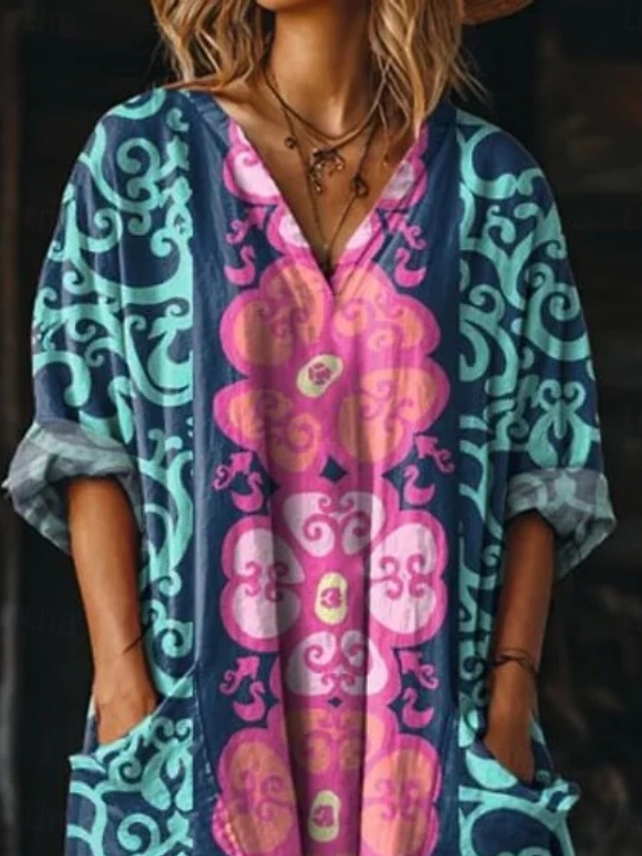 Women's Maxi Dress Boho Dress Casual Dress Print Dress Vintage Outdoor Vacation Weekend Loose Fit Floral Graphic Long Sleeve V Neck Blue Purple Summer Spring Fall 2026 - $37.99 –P3