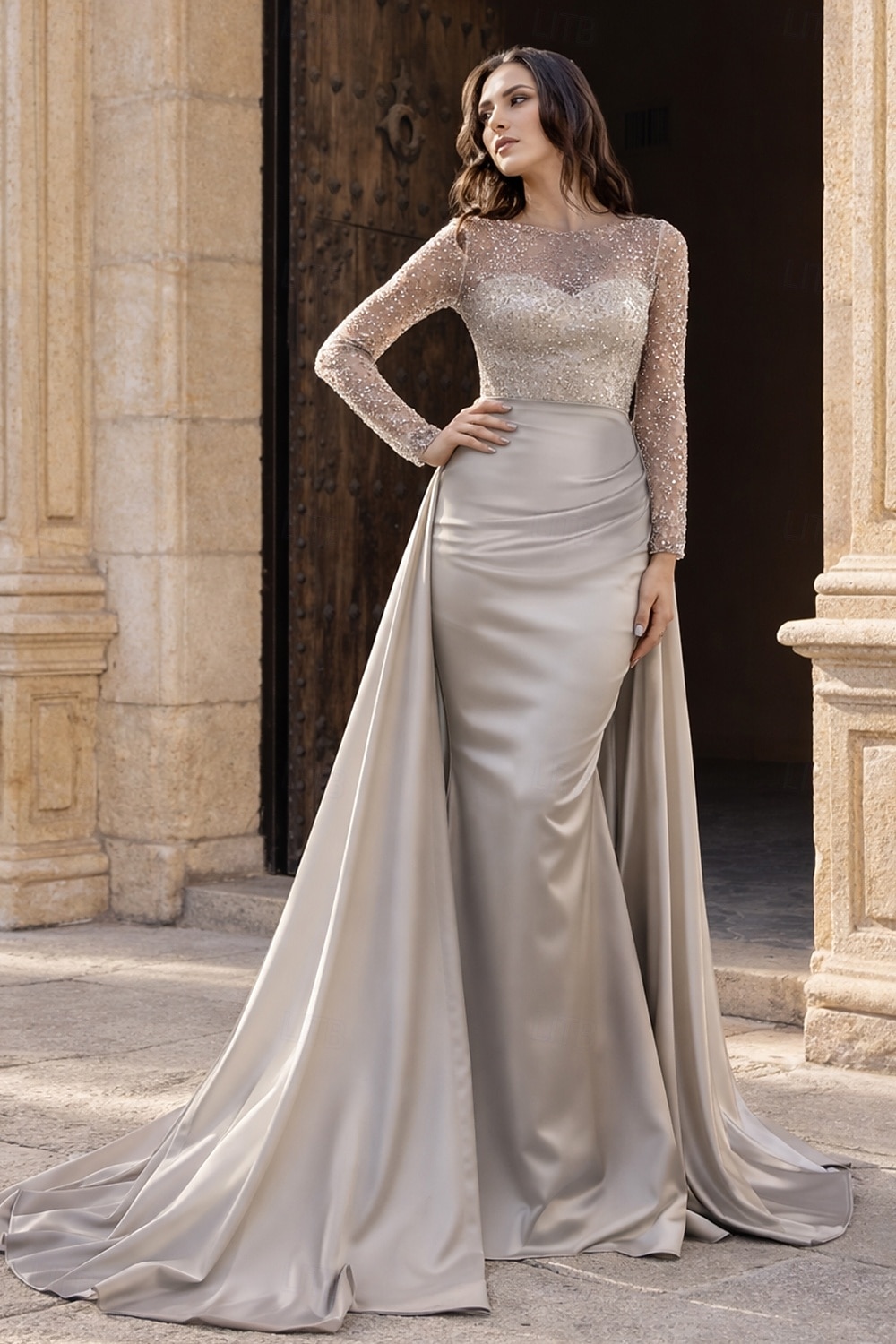 Mermaid Trumpet Floor Length Evening Gown Elegant Sparkle & Shine Long  Sleeve Illusion Neck Carnival Masquerade Champagne Mother Of the Bride Dress  Satin Sequined with Pearls Overskirt 2026 - KWD 54.99