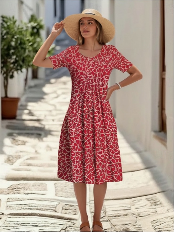 Women's Midi Dress Faux Cotton Linen Shift Dress Casual Dress Summer Dress Fashion Modern Daily Beach Weekend Regular Fit Floral Short Sleeve Crew Neck Blue White Red Navy Blue Summer 2026 - $27.99 –P3