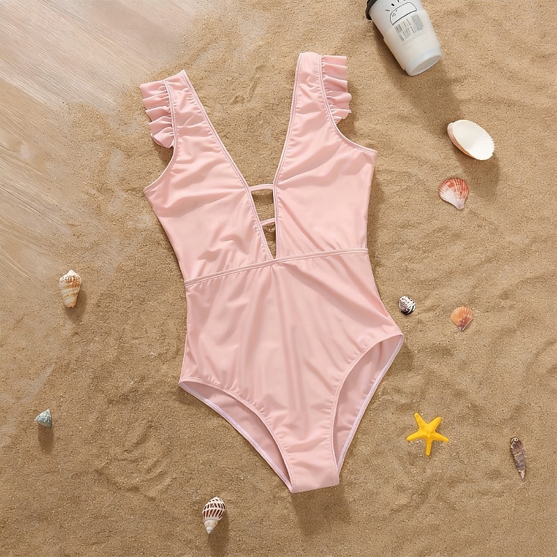 Mommy and Me Swimsuit Jumpsuit Solid Color Casual Ruched Black Pink Sleeveless Active Matching Outfits 2026 - $28.99 –P11