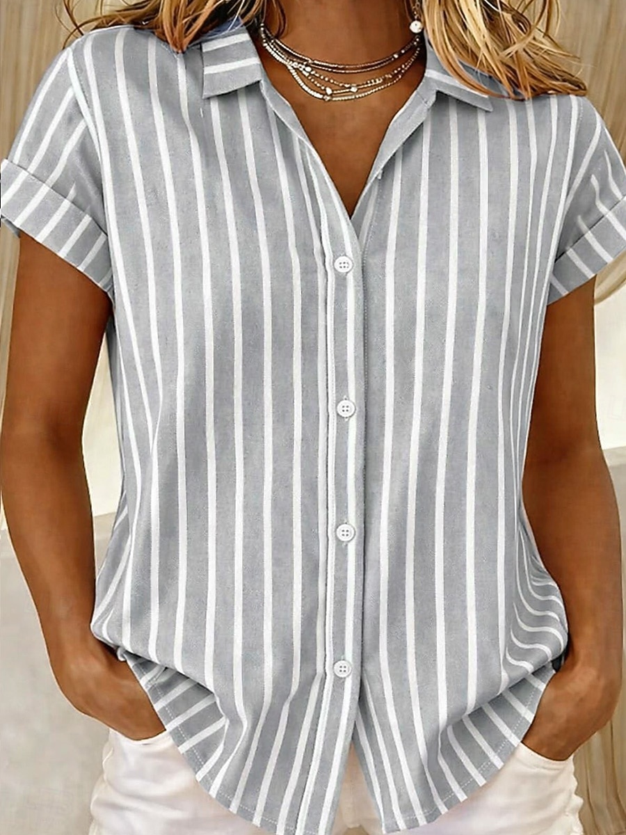 Maglietta da Donna Manica Corta Grafica Geometrica Striata Vintage Tropicana Elegante Senza Maniche Colletto Lungo Top Giornaliero Blu Nero Rosa Arancione Verde Estate Primavera del 2026 a $26.99 –P7