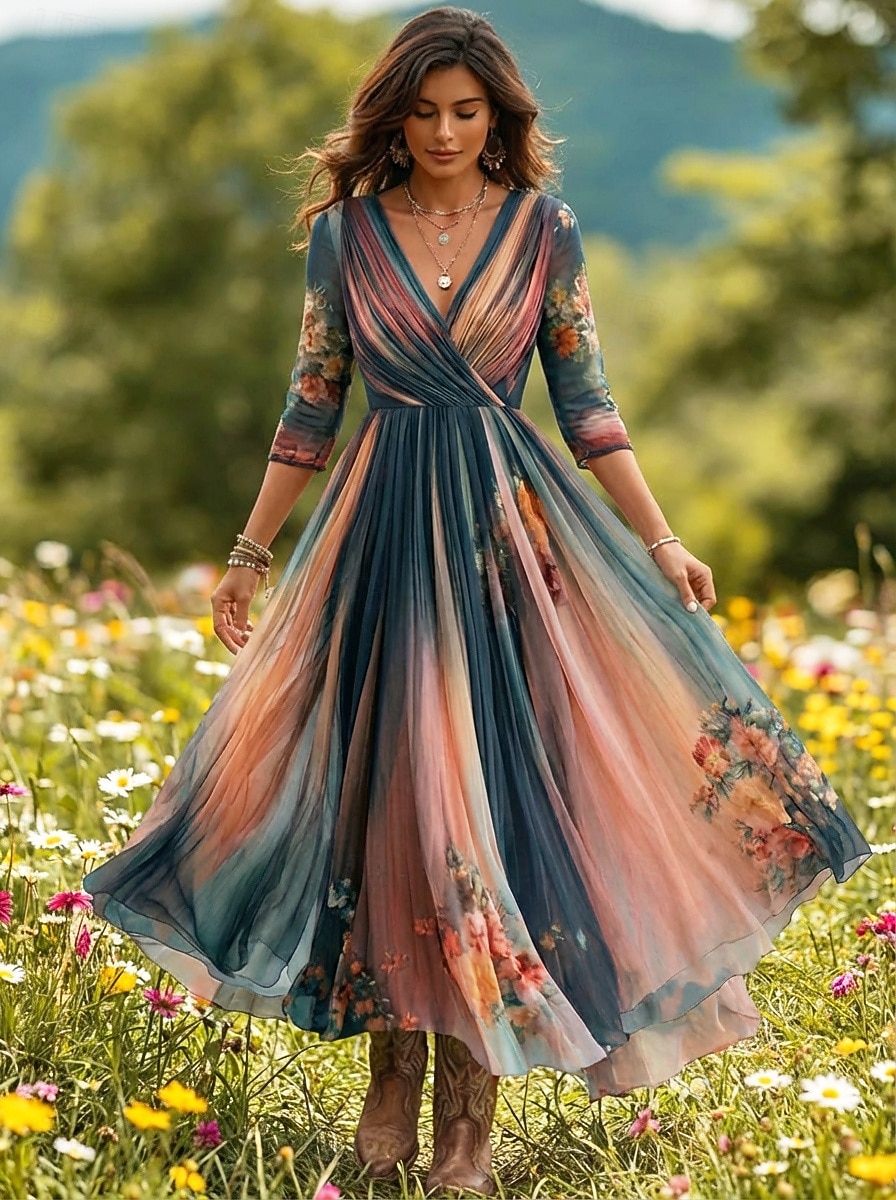 Abito lungo da donna, abito lungo, abito casual, abito svasato, abito floreale, abito estivo, abito boho, vintage, vacanza, quotidiano, vestibilità regolare, floreale, manica lunga, scollo a V, blu estivo. del 2026 a $54.99 –P2