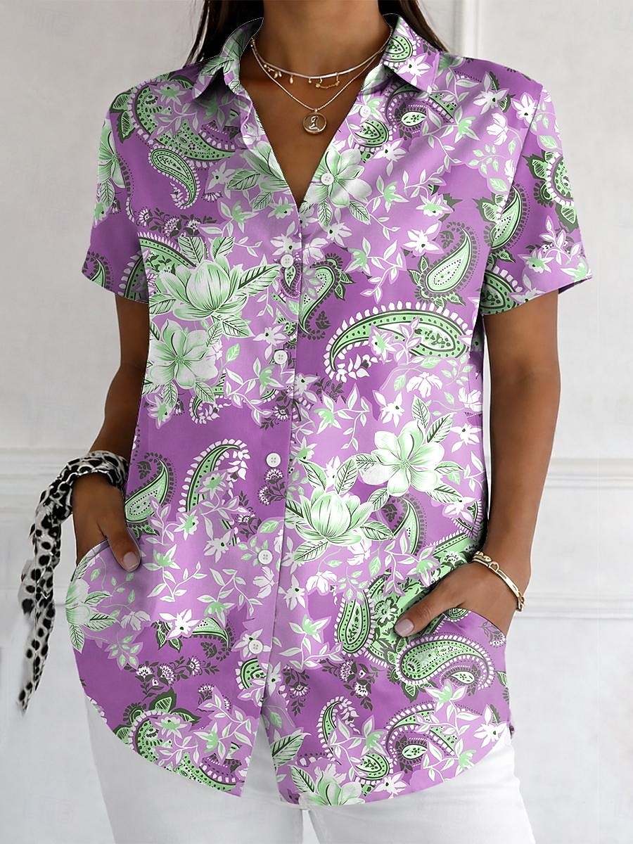 Mulheres Camisa Social Botões Imprimir Gráfico Estampado Cashemere Vintage à moda Moderno Manga Curta Colarinho de Camisa Tops regulares Diário Azul Roxo Verde Cáqui Verão Primavera de 2026 por $26.99 –P2