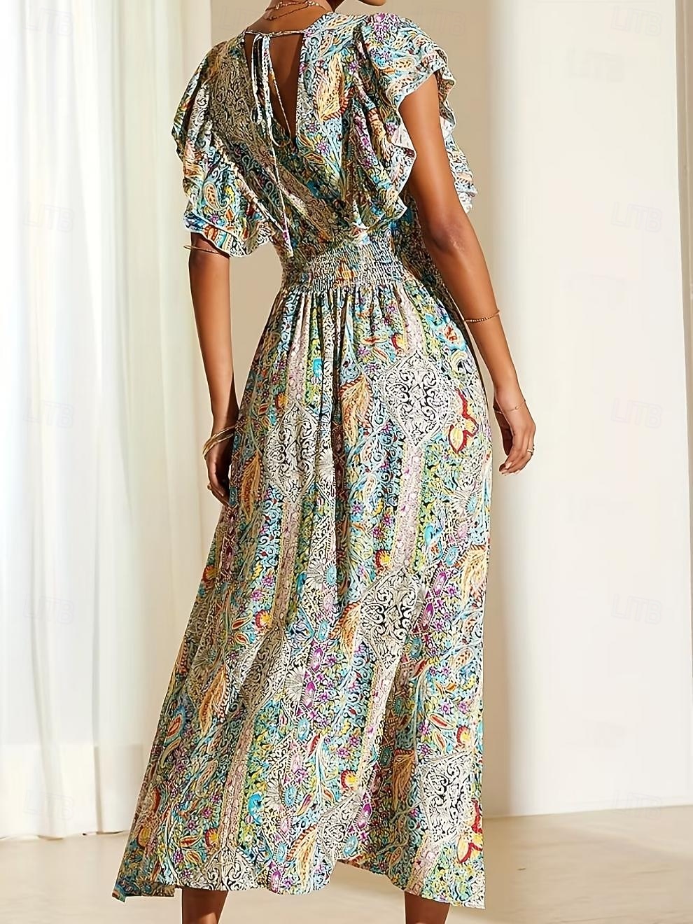 boho theme dress for women Boho Floral Maxi Dress for Women Casual Short Sleeve Loose Flowy Summer  Beach Dresses with Pockets at Amazon Women's Clothing store