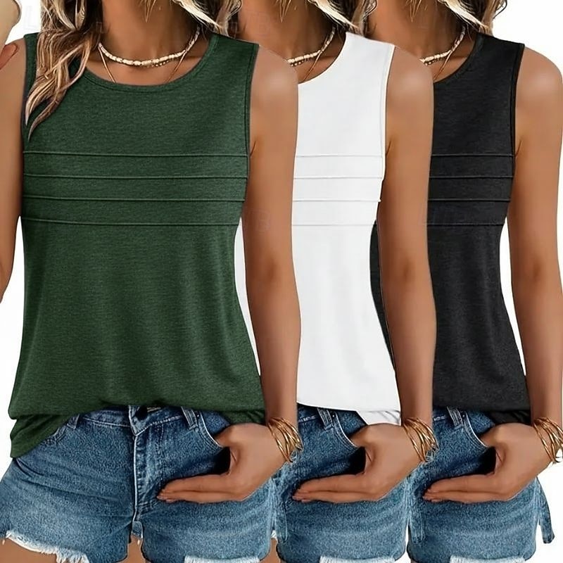 Mehrfachpackungen 3er-Pack Weiblich Rundhals Ärmellos schwarz+weiß+grün Tanktop Weste Ärmelloses Shirt Einfarbig Lässig Täglich Polyester Sommer 2026 - $38.99 –P6