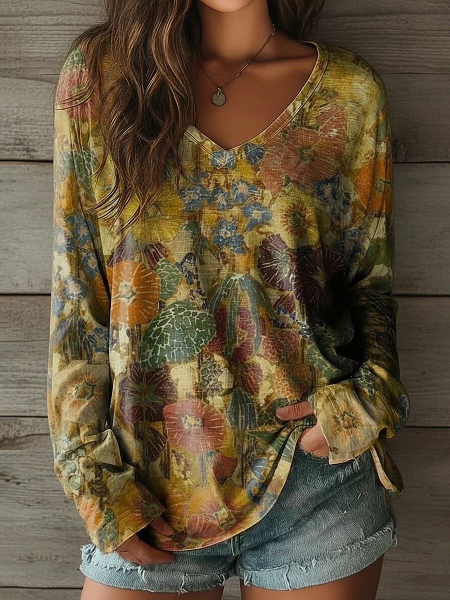 Per donna Maglietta Stampato Floreale Grafico Vintage Classico Casual Manica Lunga Scollo a V Top Regolari Quotidiano Blu Viola Verde Primavera Autunno del 2026 a $26.99 –P1