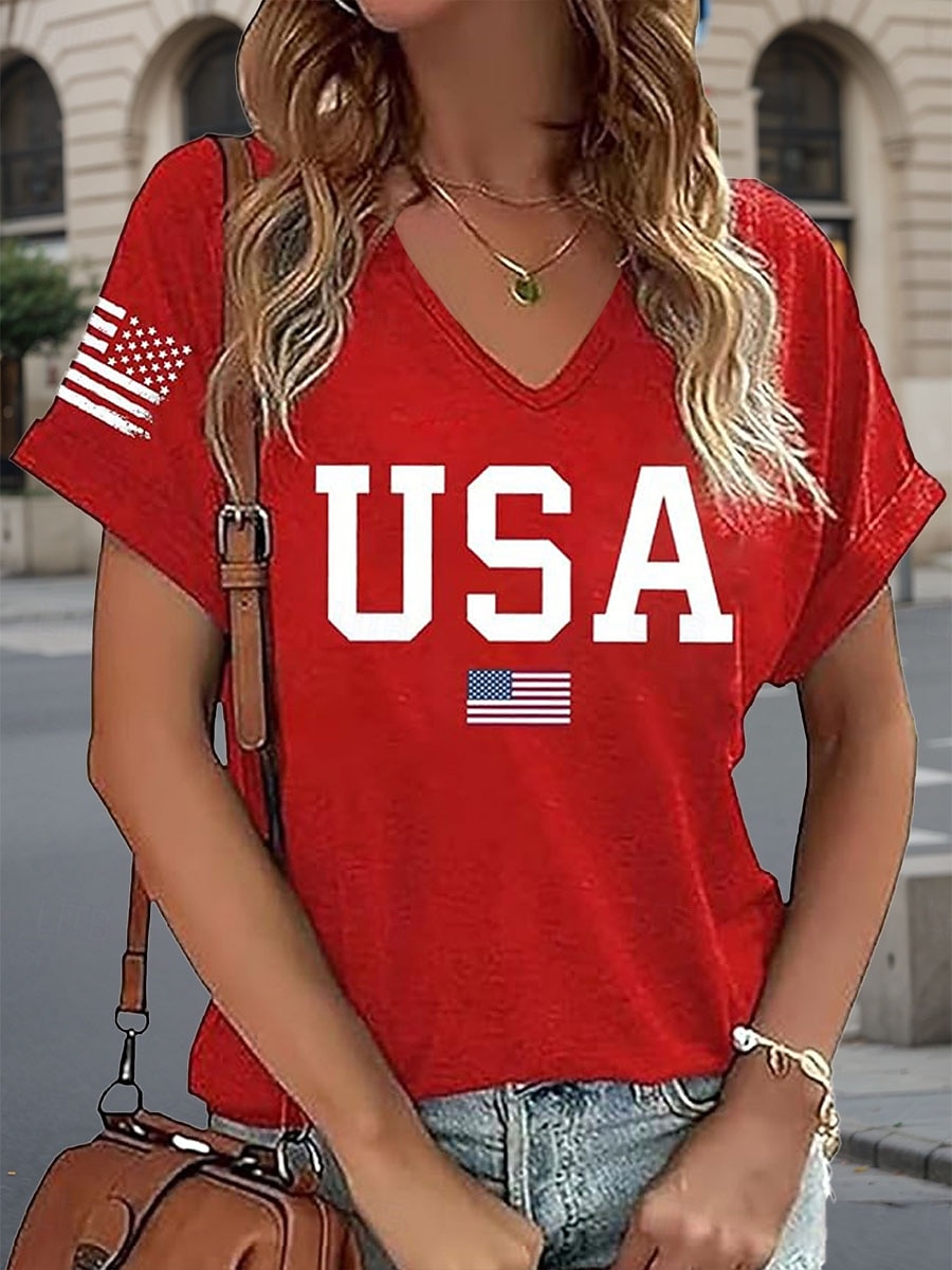 Amerikanischer Unabhängigkeitstag Damen T Shirt Druck Grafik Flagge Vintage Lässig Kurzarm V Ausschnitt Normale Oberteile Täglich Wochenende Urlaubskleidung Schwarz Rote Sommer Frühling 2026 - $21.99 –P1