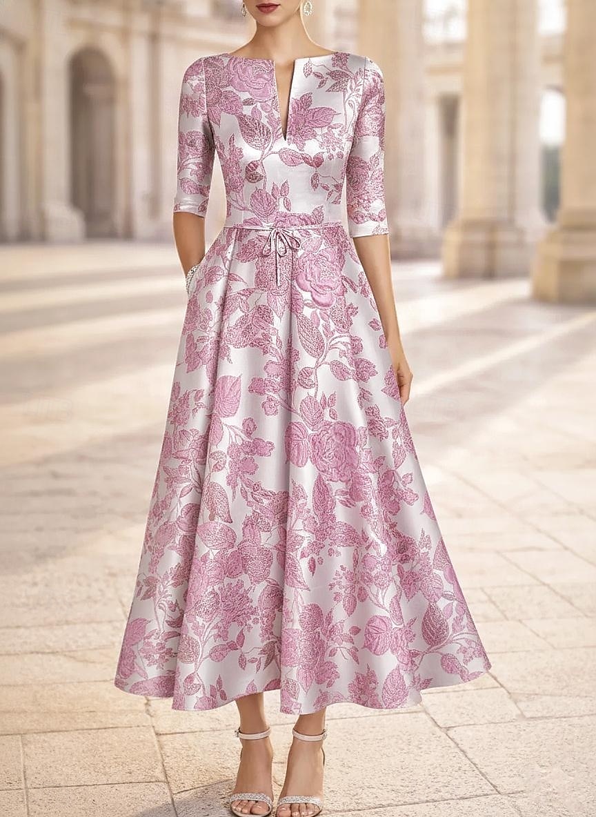 Linia -A Lungime Gleznă Lungimea ceaiului Rochie formala Rochii de cocktail Elegant Floral Manșon scurt În V Petrecere în grădină Nuntă Buzunar Jaquard cu Imprimeu Floral Pliuri Buzunar 2026 - $154.79 –P1