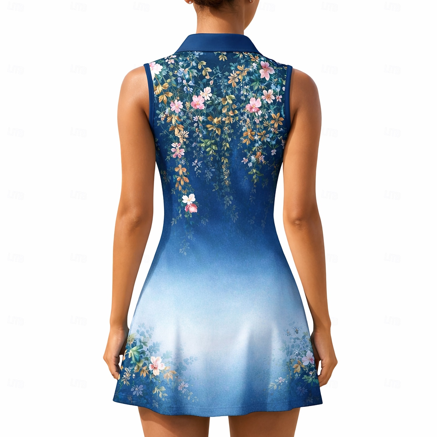 Women's Gradient Floral Floral Botanical Tennis Dress Sports Dress Sleeveless Floral Breathable Tennis Golf Badminton Polo Collar Zip Collar Dress Blue and White Tennis Clothing 2026 - $26.99 –P2