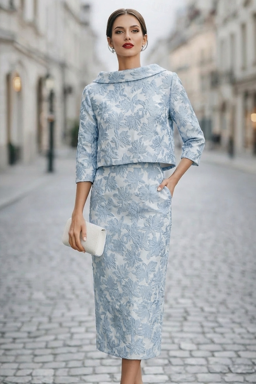 Strak kolom Jurk pak Tot de enkel Feestjurk Cocktail jurk Bruiloft gast jurk Moeder van de bruid jurk 3/4 mouw Boothals Elegant Vintage Formeel Bruiloft gast Kentucky Derby Jacquard met Bloemenprint 2026 - $154.79 –P2