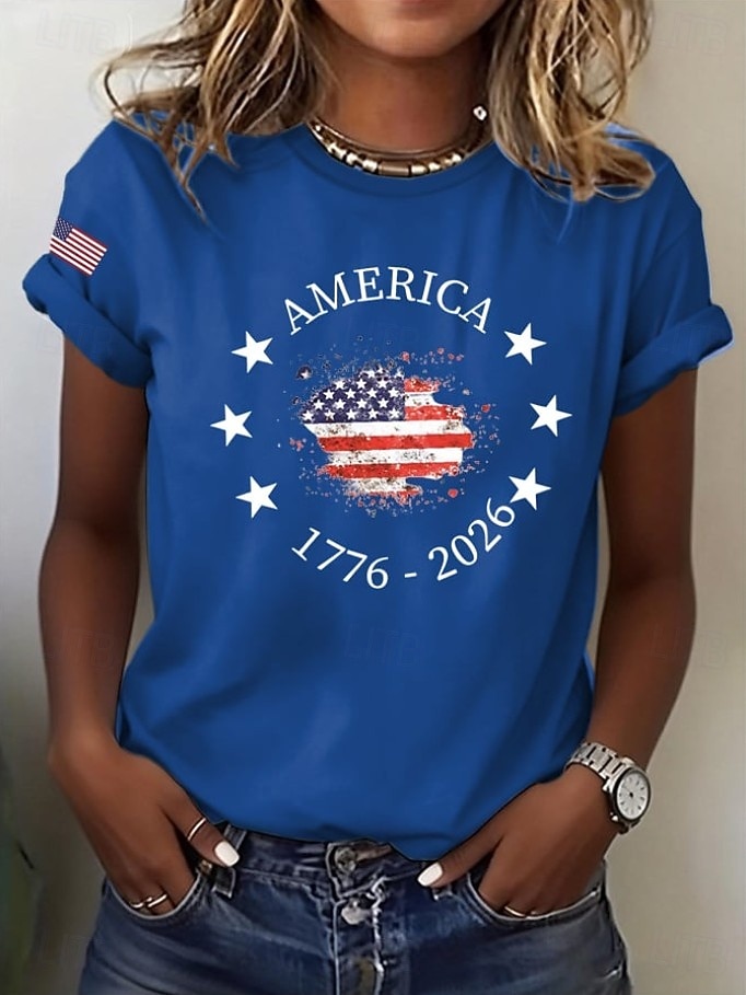 Amerikan itsenäisyyspäivä Naisten T-paita Painettu Kuvitettu Lippu Kirjain Vintage Tyylikäs Klassinen Lyhythihainen Tiukka pyöreä kaula-aukko Tavalliset topit Päivittäin Sininen Musta Valkoinen 2026 - $22.99 –P3