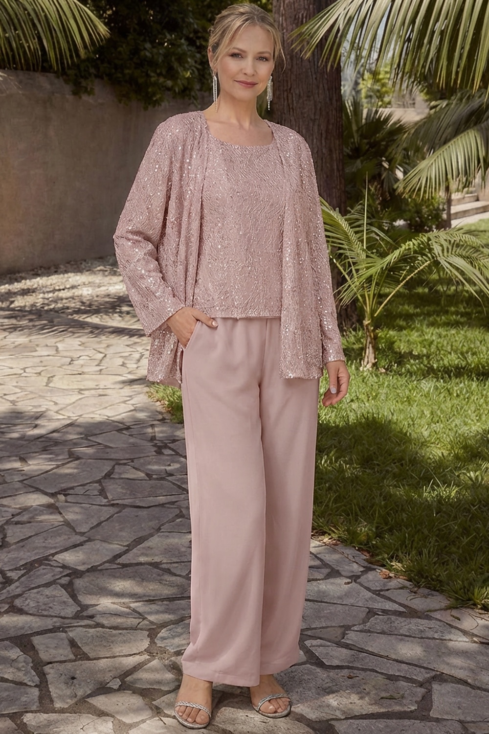 Terninho Traje de 3 peças Longo Vestido Para Mãe dos Noivos Sem Manga Scoop pescoço Elegante Convidado do casamento Chiffon Renda Embrulho incluido com Lantejoulas de 2026 por $183.99 –P20