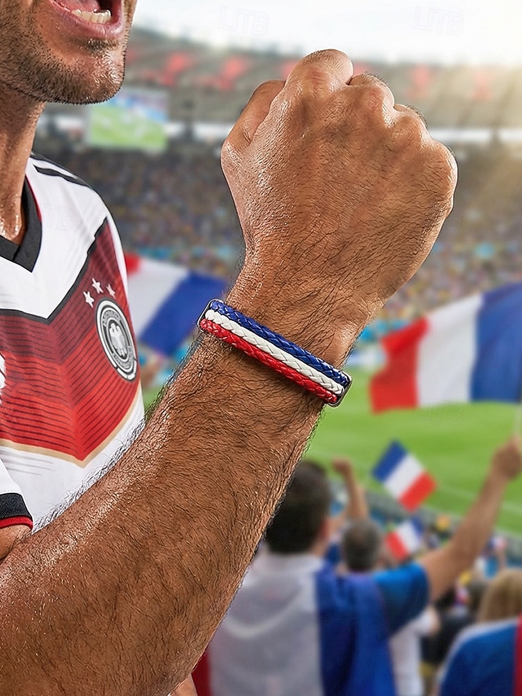 Bracciale da uomo intrecciato in similpelle, disponibile in diversi colori, ispirato alla bandiera americana, ideale per partite di calcio, tifosi, tifosi di football, per lo spirito di squadra e per un look casual da giorno di partita. del 2026 a $7.99 –P1