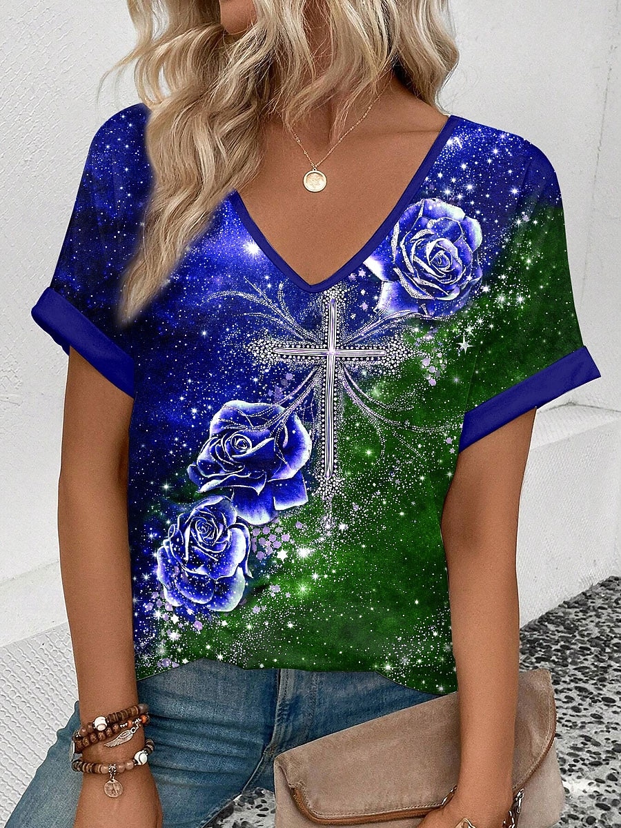 Jour de l'Indépendance Américaine Femmes T-shirt Imprimé Fleuri Graphique Drapeau ancien Occasionnel Manche Courte Col en V Hauts Réguliers Quotidien Week-end Vêtements de vacances Bleu Vin Vert Ét de 2026 ? $21.99 –P2