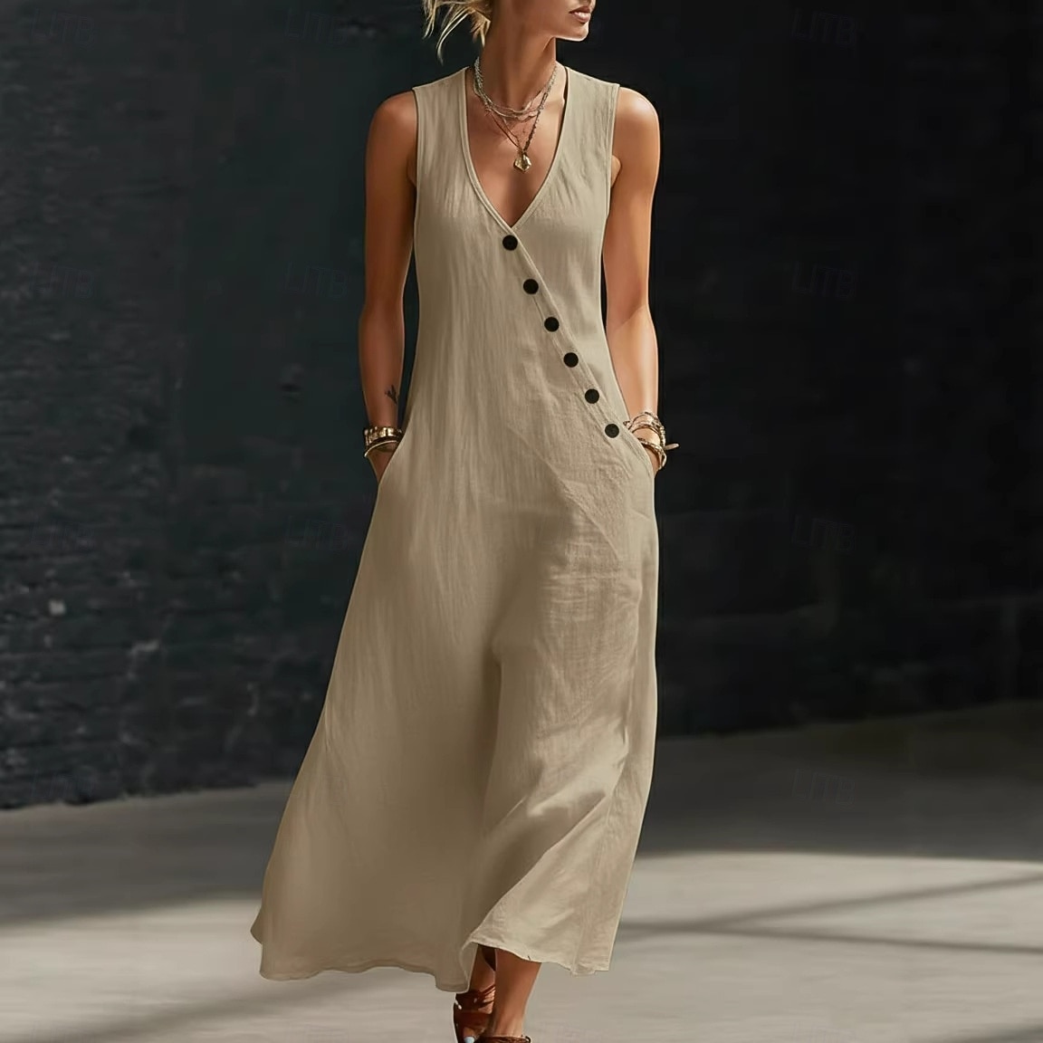 Robe longue en coton et lin pour femme, robe d'été, robe trapèze, robe cintrée et évasée, robe de vacances décontractée, style bohème, robe de plage décontractée, robe de soirée ample, robe unie sans de 2026 ? $24.99 –P4