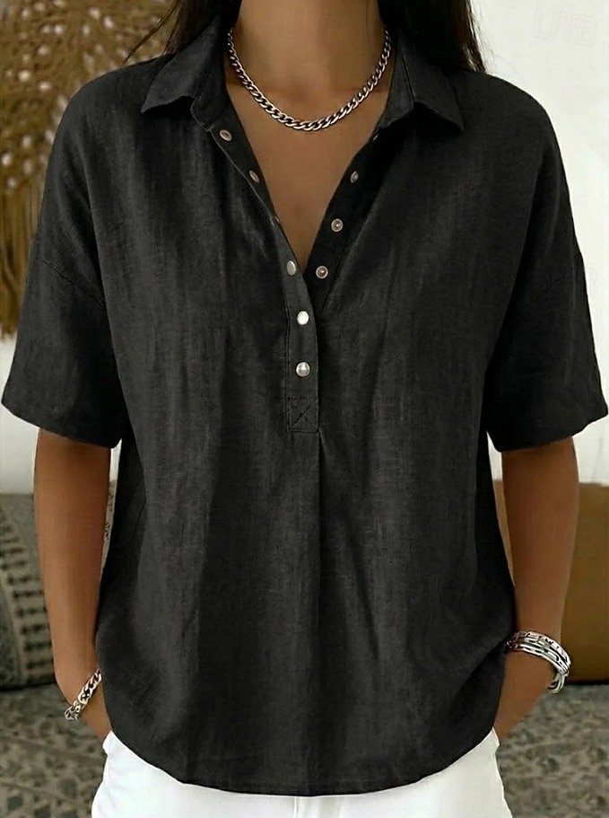 Women's Shirt Linen-feel Shirts Vintage Stylish Short Sleeve Turndown Regular Tops Daily Work Holiday Blue Black White Pink Light Brown Summer Spring 2026 - $28.99 –P6
