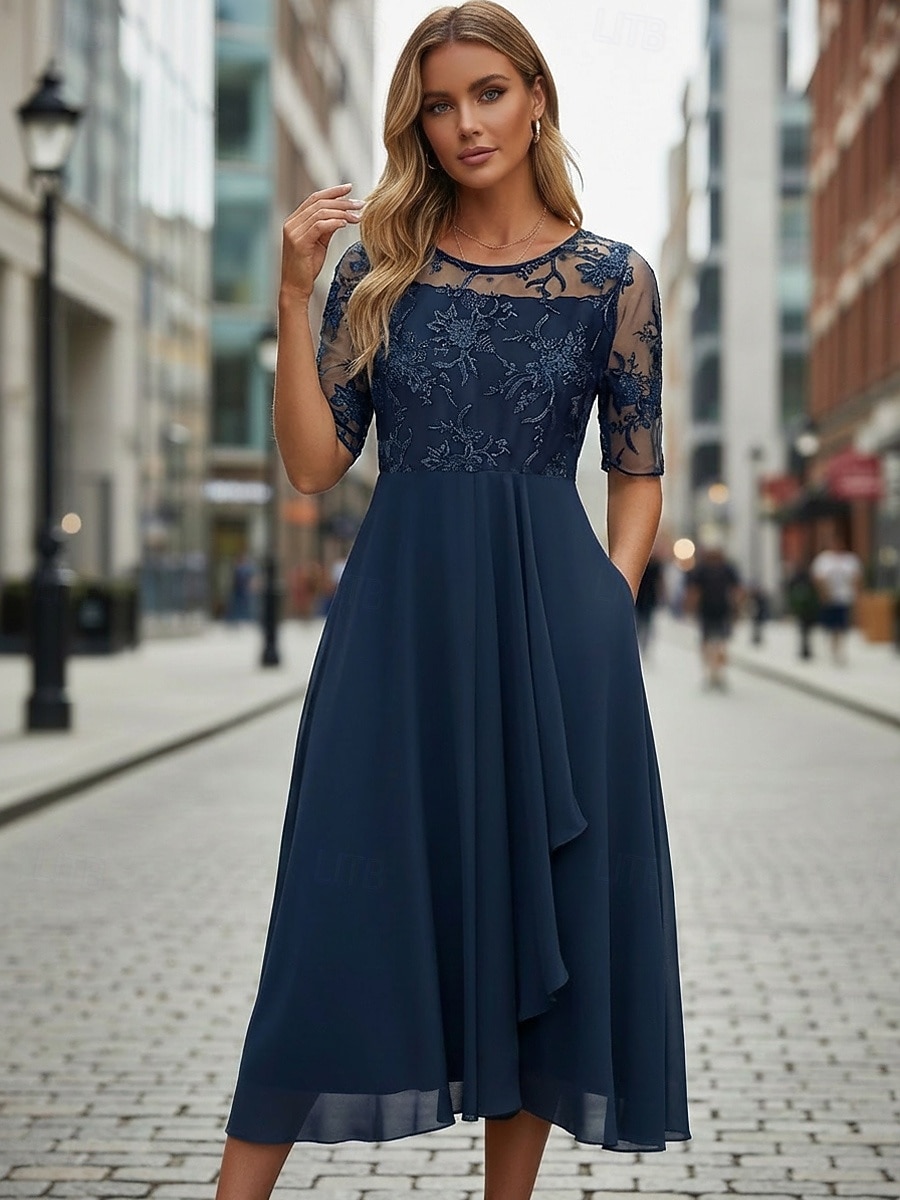 Dam Midiklänning Chiffongklänningar Spetsklänning Cocktail klänning Bröllopsgästklänning Elegant Formell Fest Bröllop Normal Halvlång ärm Rund hals Rodnande Rosa Guld Grön Mörkblå Sommar 2026 - $43.99 –P1