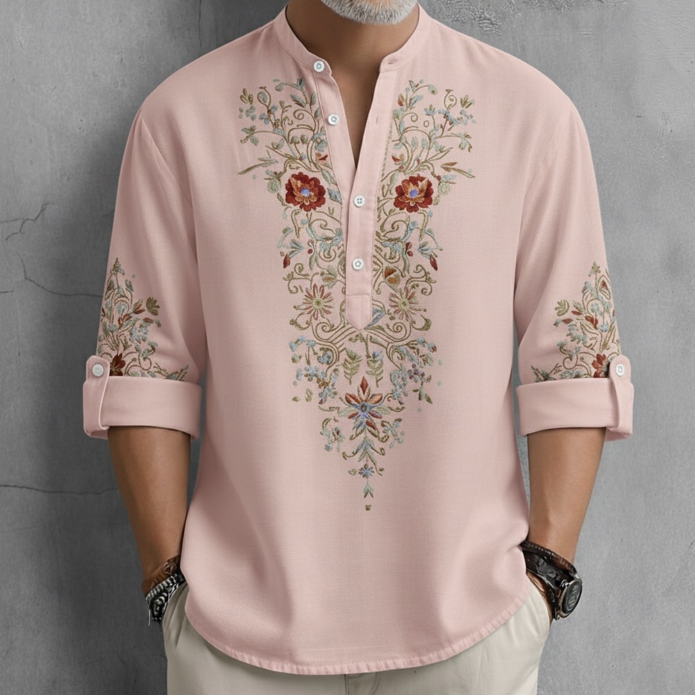 Bărbați Imprimeu floral Έθνικ Flori Cămașă Camașă cu nasturi Cămașă Henley Manșon Lung Vintage Retro Casual Vacanță Nuntă Vară Primăvară Guler mandarin Guler în picioare Imprimare 3D Cămașă de in 2026 - $27.99 –P4