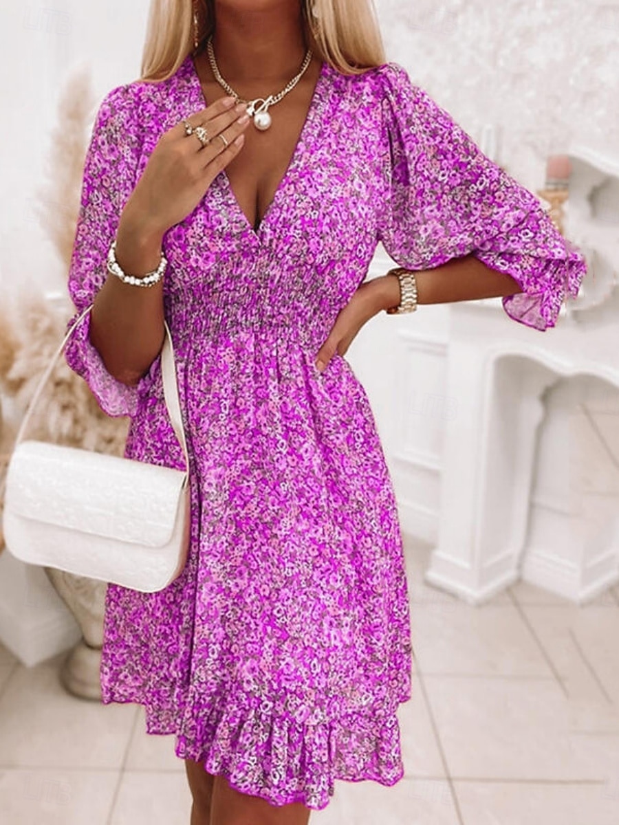 Mulheres Minivestido Vestido Boho Vestido antigo Vestido casual Vestido floral Elegante Moda Moderno Praia Férias Para Noite Normal Floral Meia Manga Decote V Azul Verde Cinzento Verão Primavera de 2026 por $27.99 –P10