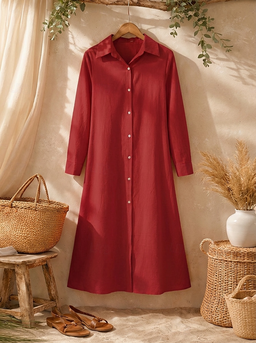 Women's Midi Dress Linen-feel Dresses Shirt Dress Casual Dress A Line Dress Fashion Basic Modern Daily Vacation Going out Regular Fit Plain Long Sleeve Shirt Collar Blue Black Wine Orange Spring Fall 2026 - $27.99 –P6
