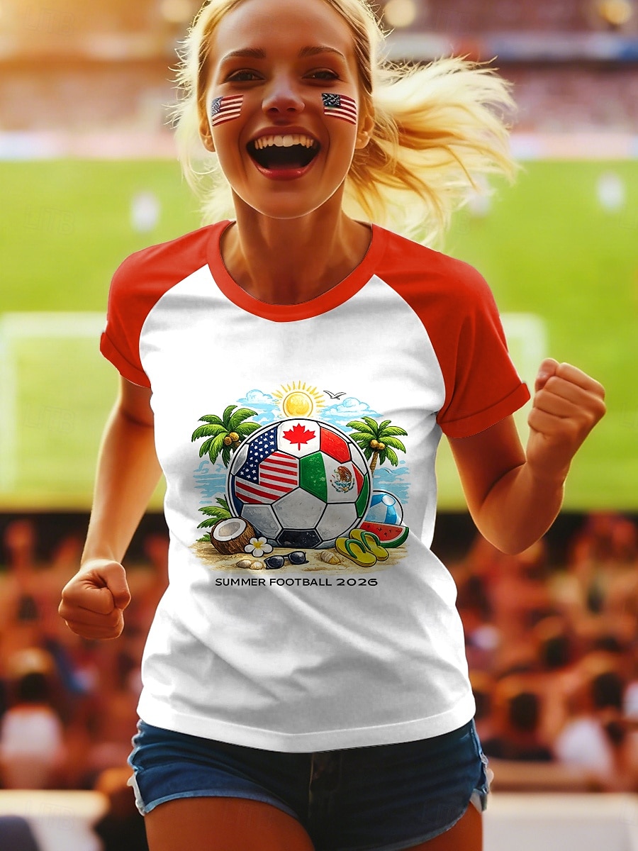 World Soccer Match 2026 Women's T Shirt Print Graphic Letter Stylish Classic Casual Short Sleeve Crew Neck Regular Tops Daily Blue Red Green Summer Spring 2026 - $21.99 –P2