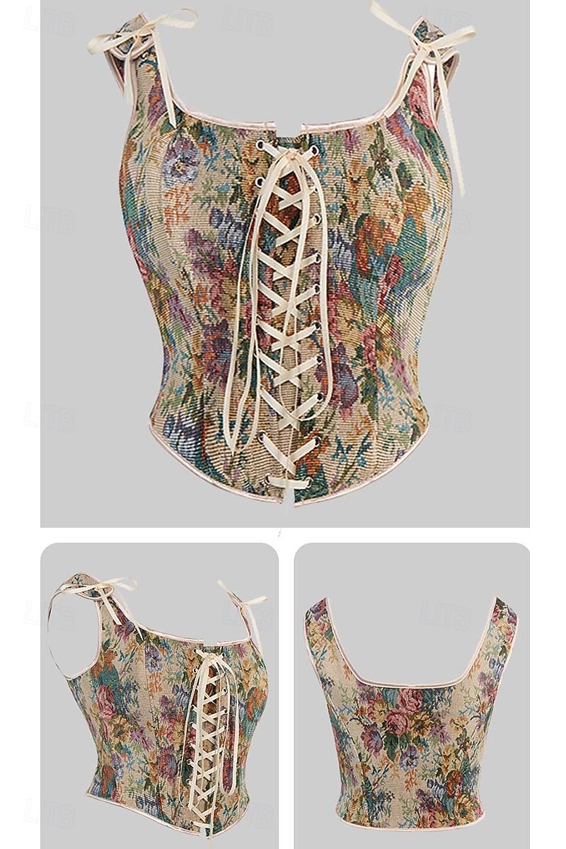 Middeleeuws Renaissance Cottagecore Korset Lijfje Viking Boers Veters Bloemig Jacquard Kostuum Dames Keltisch Fantasie Halloween Carnaval Prestatie LARP Ren Faire Volwassenen Korset 2026 - $31.99 –P1