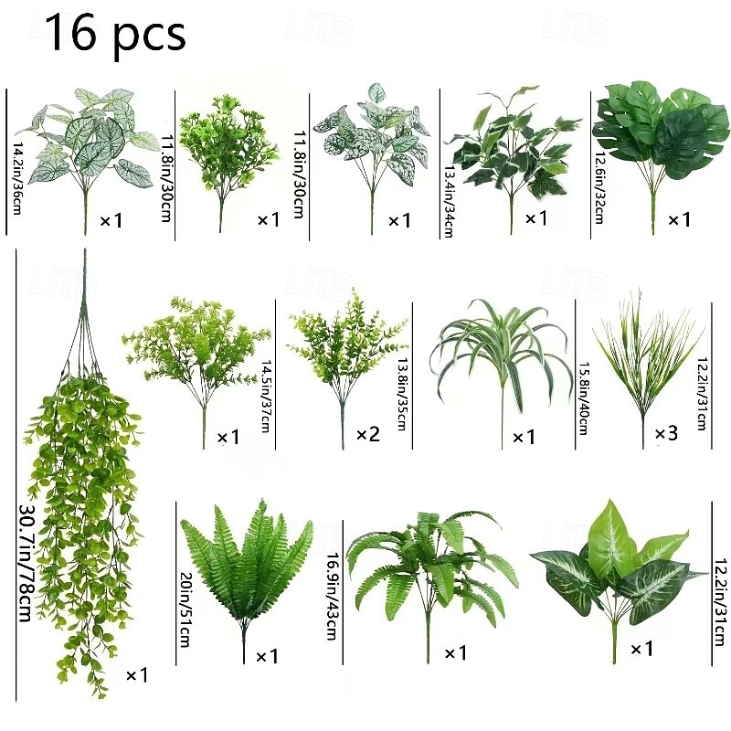 2026年 16個の屋外用人工植物、UV耐性フェイク低木、プラスチック製グリーン、屋外屋内吊り下げ植物、庭、ポーチ、窓辺のプランター、ホームウェディング、ファームハウス装飾用フェイク植物  コレクション – $31.99 –P7