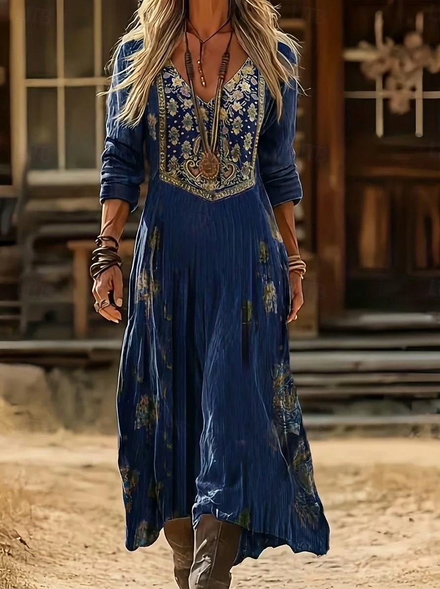 Damskie Sukienka midi Sukienka Boho Zabytkowa sukienka Codzienne sukienki Moda Klasyczny Nowoczesny Codzienny Na zewnątrz Urlop Regularny Kwiaty Długi rękaw W serek Niebieski Czerwony Granatowy 2026 - $37.99 –P7