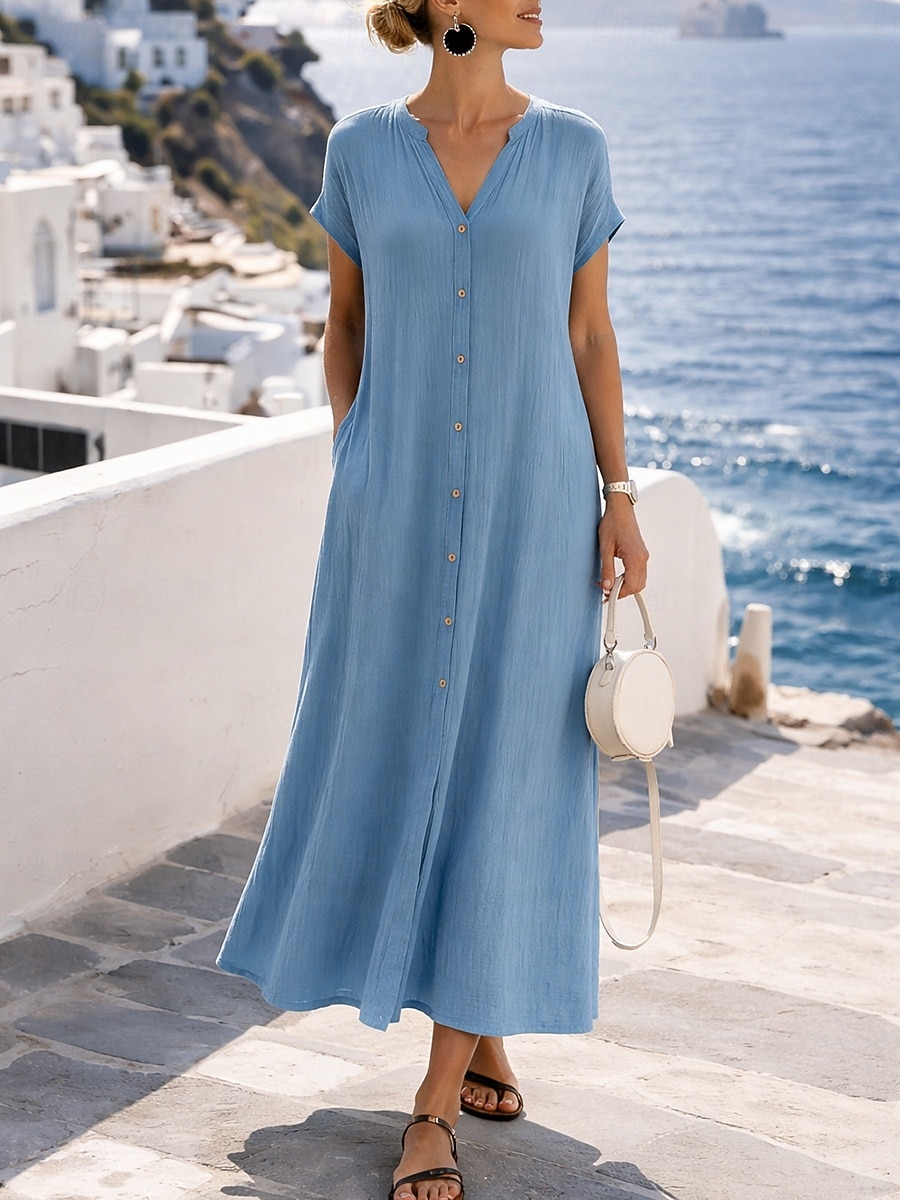 Pentru femei Rochie Maxi Rochie A line Casual Zilnic Potrivire Largă Simplu Manșon scurt În V Albastru piscină Negru Alb Cămilă Vară Primăvară Toamnă 2026 - $29.99 –P2