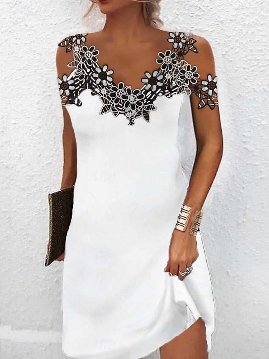 Per donna Mini Abito Abito in Pizzo Abito Bianco Elegante Moda Moderno All'aperto Vacanza Uscire Vestibilità regolare Floreale Senza Maniche Scollo a V Nero Bianco Rosso Estate Primavera del 2026 a $25.99 –P1