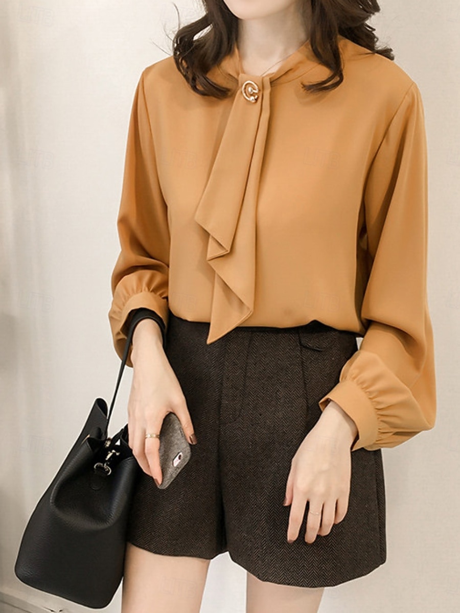 Mujer Camisa Blusa Tops de gasa Frunce Plano Activo Elegante Manga Larga Cuello Barco Tops regulares Diario Ropa de calle Festivos Amarillo Verde Trébol Albaricoque Verano Primavera 2026 - $13.99 –P7