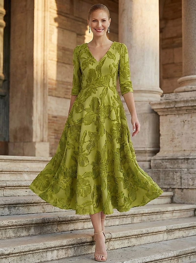 A-linje Ankellengde Te-lengde Formell kjole Cocktailkjoler Elegant 3/4 ermer V-hals Bryllup Formell Sateng Jacquard med Dusk 2026 - $185.99 –P3