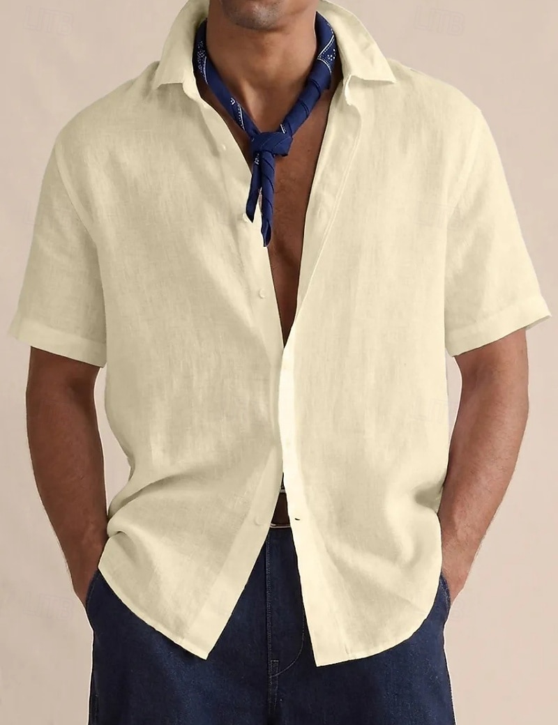 Men's Shirt Linen Shirt Button Up Shirt Solid Color Vacation Street Black White Yellow Light Green Short Sleeve Shirt Collar Summer Spring Clothing Apparel Buttons 2026 - $22.99 –P10