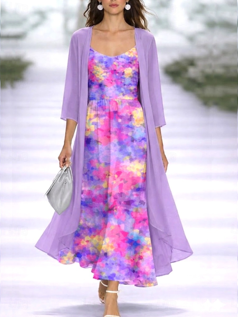 Mujer Conjunto de vestido Vestido de una línea Elegante Vacaciones Floral Graphic Multi capa Estampado Vestido maxi Manga 3/4 Escote en Pico Diario Vacaciones Rosa Morado Verano Primavera Ajuste 2026 - $51.99 –P3
