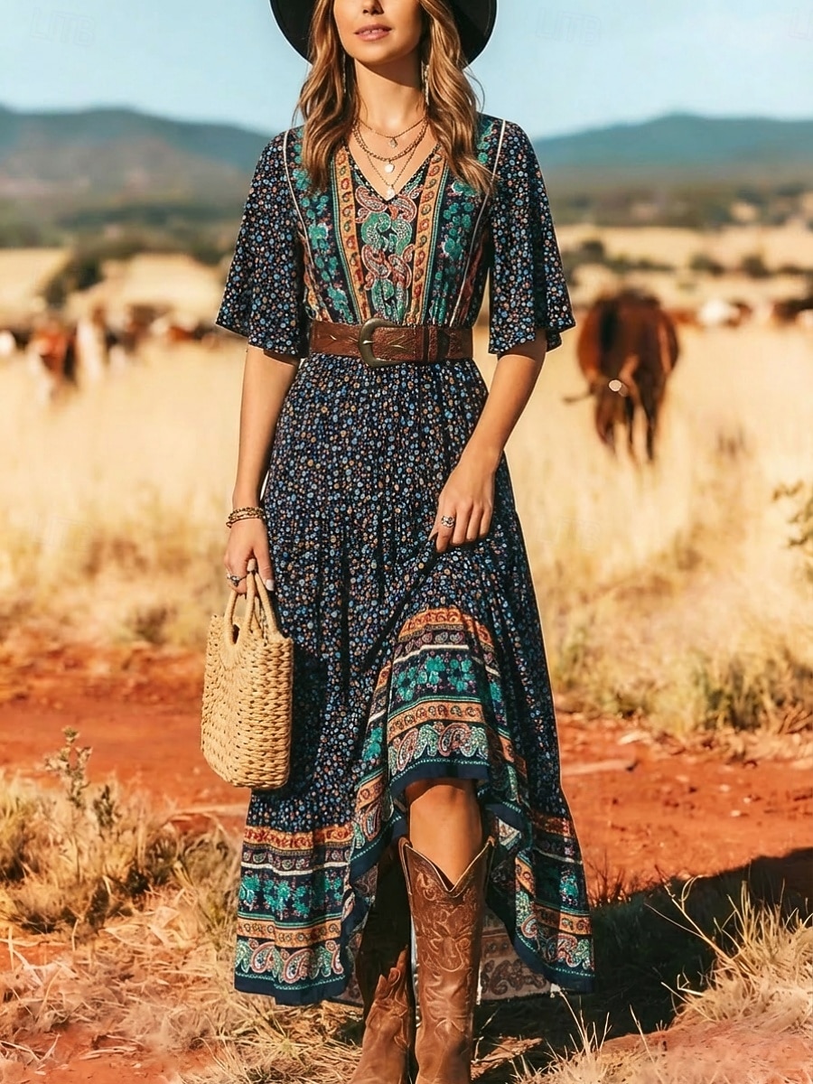 Women's Maxi Dress Boho Dress Casual Dress Floral Dress Elegant Fashion Modern Outdoor Beach Vacation Loose Fit Paisley Short Sleeve V Neck Blue Black Yellow Red Summer Spring 2026 - $32.99 –P5