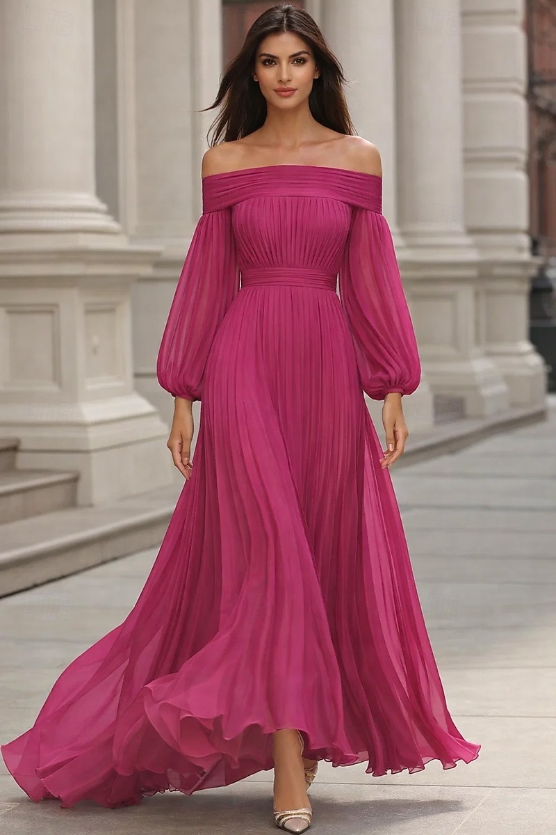 A-Line Floor Length Evening Gown Wedding Guest Dresses Formal Dress Elegant Long Sleeve Off Shoulder Wedding Formal Chiffon with Pleats Ruched 2026 - $194.99 –P5