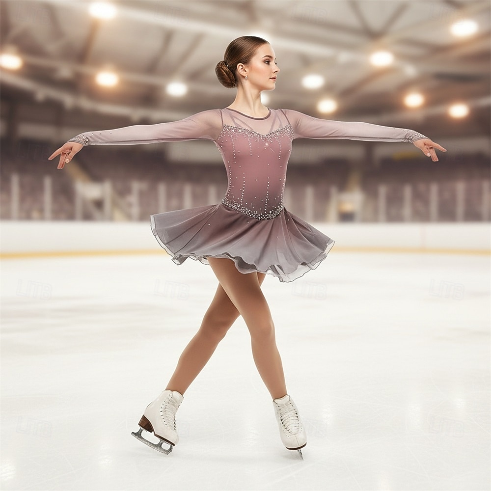 Figure Skating Dress Women's Ice Skating Dress Dark Pink Black White Patchwork Open Back Stretchy Training Competition Skating Wear Classic Crystal / Rhinestone Long Sleeve Ice Skating Figure Skating 2026 - $248.09 –P1