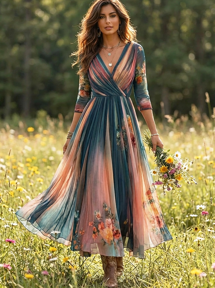 Abito lungo da donna, abito lungo, abito casual, abito svasato, abito floreale, abito estivo, abito boho, vintage, vacanza, quotidiano, vestibilità regolare, floreale, manica lunga, scollo a V, blu estivo. del 2026 a $54.99 –P1