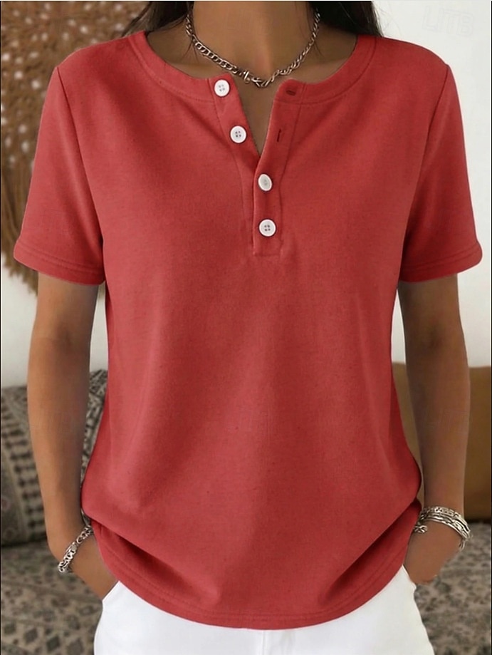 Women's Blouse Chest Buttons Solid Color Stylish Basic Classic Short Sleeve Crew Neck Regular Tops Daily Blue Black White Red Navy Blue Summer Spring 2026 - $26.99 –P3