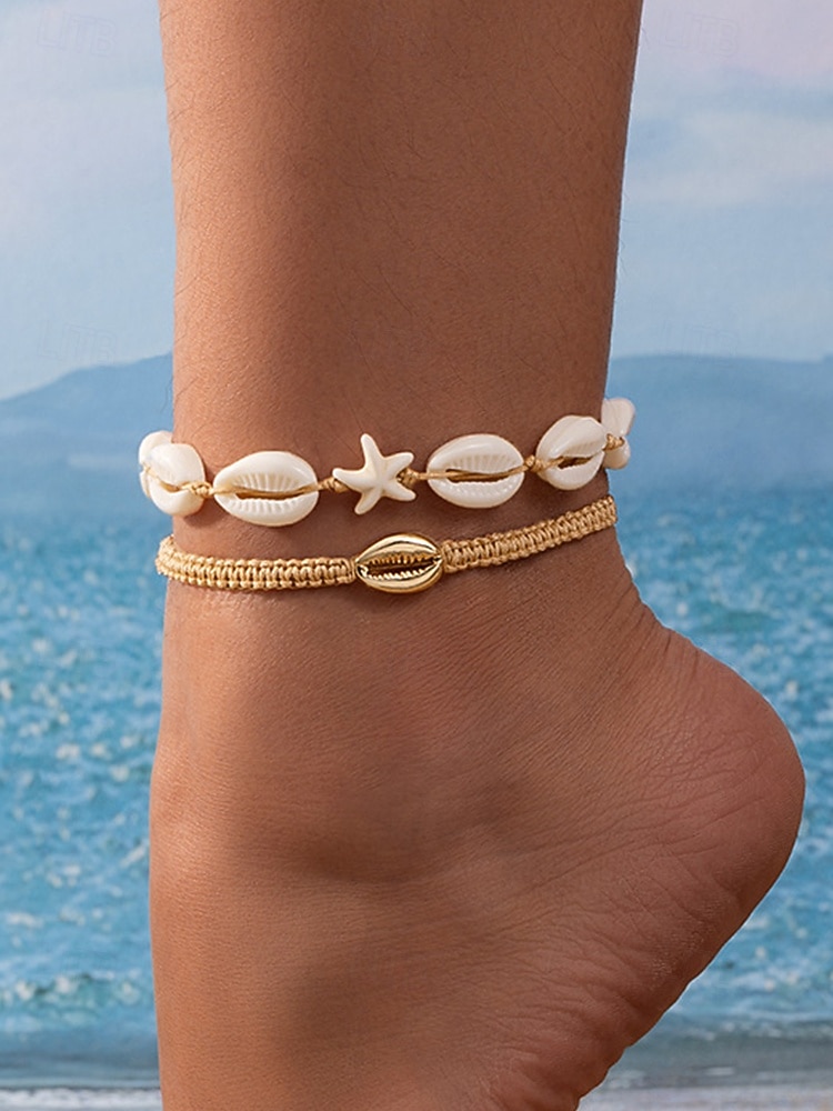 Conjunto de tornozeleiras femininas estilo boêmio com conchas, multicoloridas, ajustáveis, perfeitas para férias na praia e uso casual no dia a dia. de 2026 por $7.99 –P2