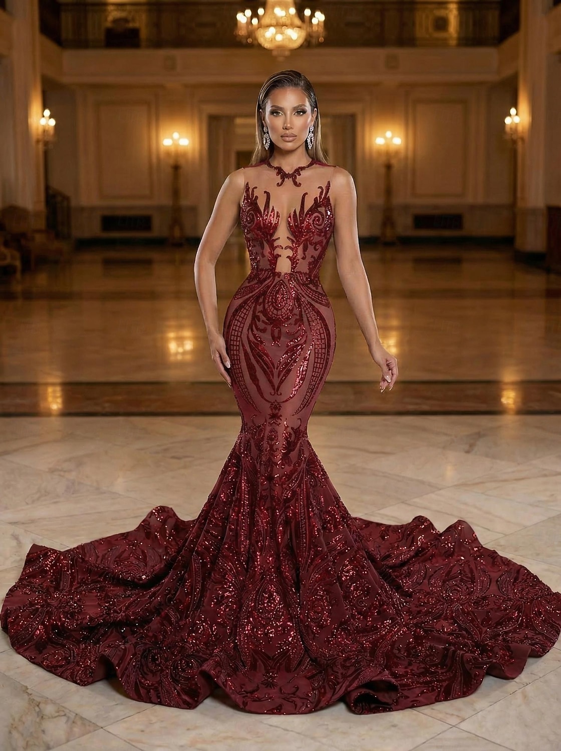 Corte Trompeta Sirena Cola barrida Trajes de gala Vestidos de noche Corte Cenicienta Vestimenta formal Elegante Sin Mangas Escote de ilusión Carnaval Formal afroamericano Lentejuelas con Lentejuela 2026 - $287.49 –P13