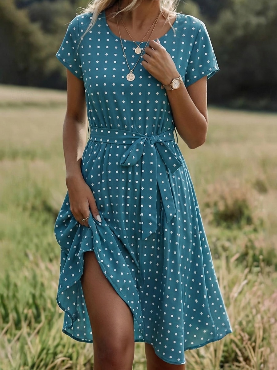 Per donna Abito Midi Vestito Casual Vestito in Chiffon Abito a trapezio Abito Floreale Elegante Vintage Moda All'aperto Vacanza Uscire Vestibilità regolare A Pois Manica Corta Scollo a V Blu Nero del 2026 a $29.99 –P2