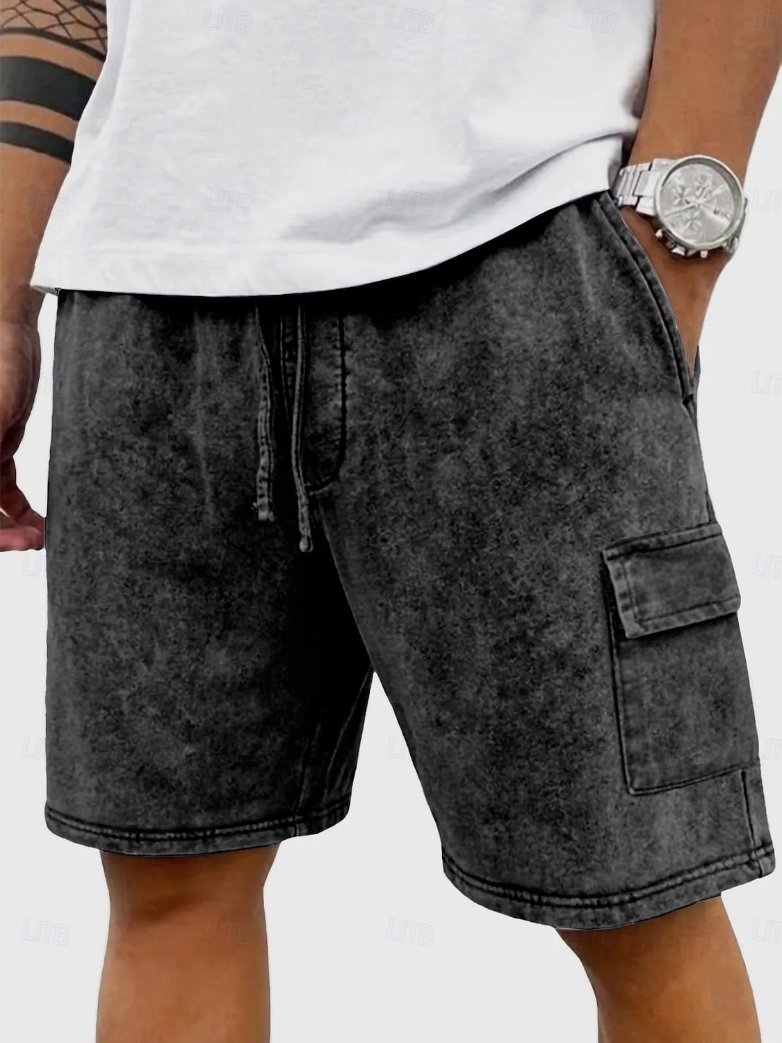 Pantalones Cortos Casuales SoftFade™ para Hombre Pantalones Cortos de Lavado Ácido Con Cordon Cintura Elástica Lavados Lavado Sólido Confortables Transpirables Largo Hasta la Rodilla Ropa Diaria Al 2026 - $25.99 –P3