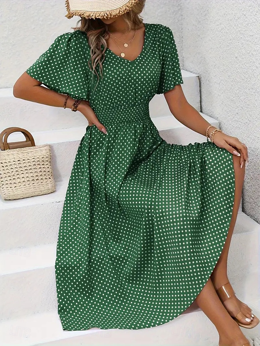 Pentru femei Rochii Midi Rochie casual Rochie imprimata Elegant Modă Modern În aer liber Vacanță Ieșire Fit regulat Buline Manșon scurt În V Albastru piscină Negru Galben Roz Îmbujorat Vară Primăvară 2026 - $25.99 –P4