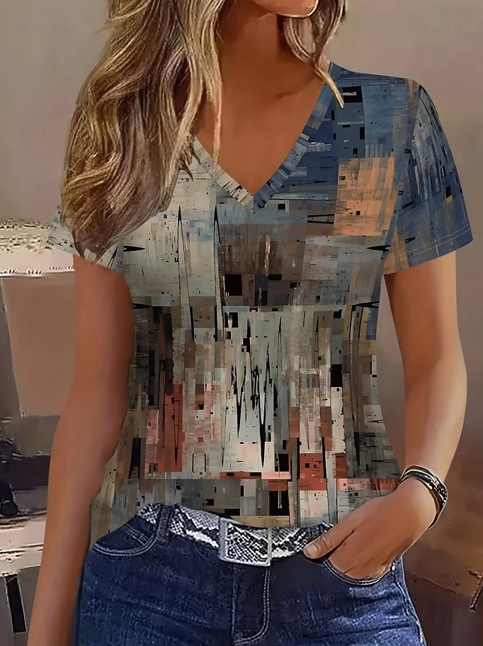 Femmes T-shirt Imprimé A Ombre Graphique Géométrique Élégant Classique Occasionnel Manche Courte Col en V Hauts Réguliers Quotidien Marron Été Printemps de 2026 ? $21.99 –P1