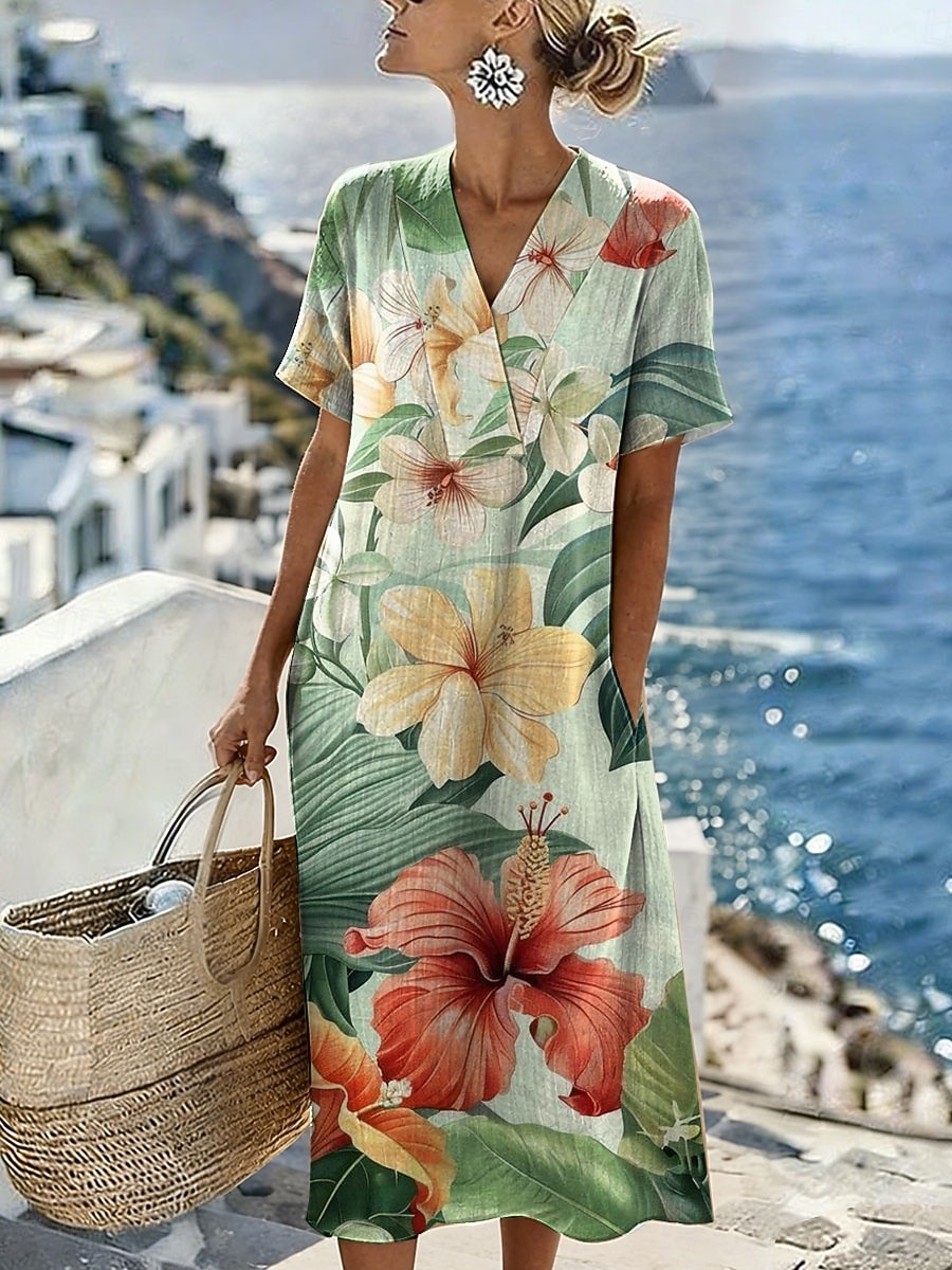 Women's Midi Dress Sundress Casual Dress Vacation Casual Beach Beach Party Loose Fit Graphic Leaf Geometric Short Sleeve V Neck Blue Yellow Purple Green Summer Spring 2026 - $39.99 –P2
